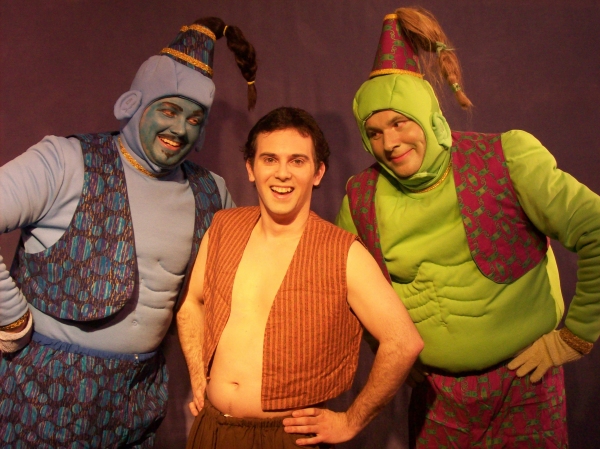 Jordan Stocksdale as the Genie of the Ring, Gary Bernard DiNardo as Aladdin, and Jere Photo